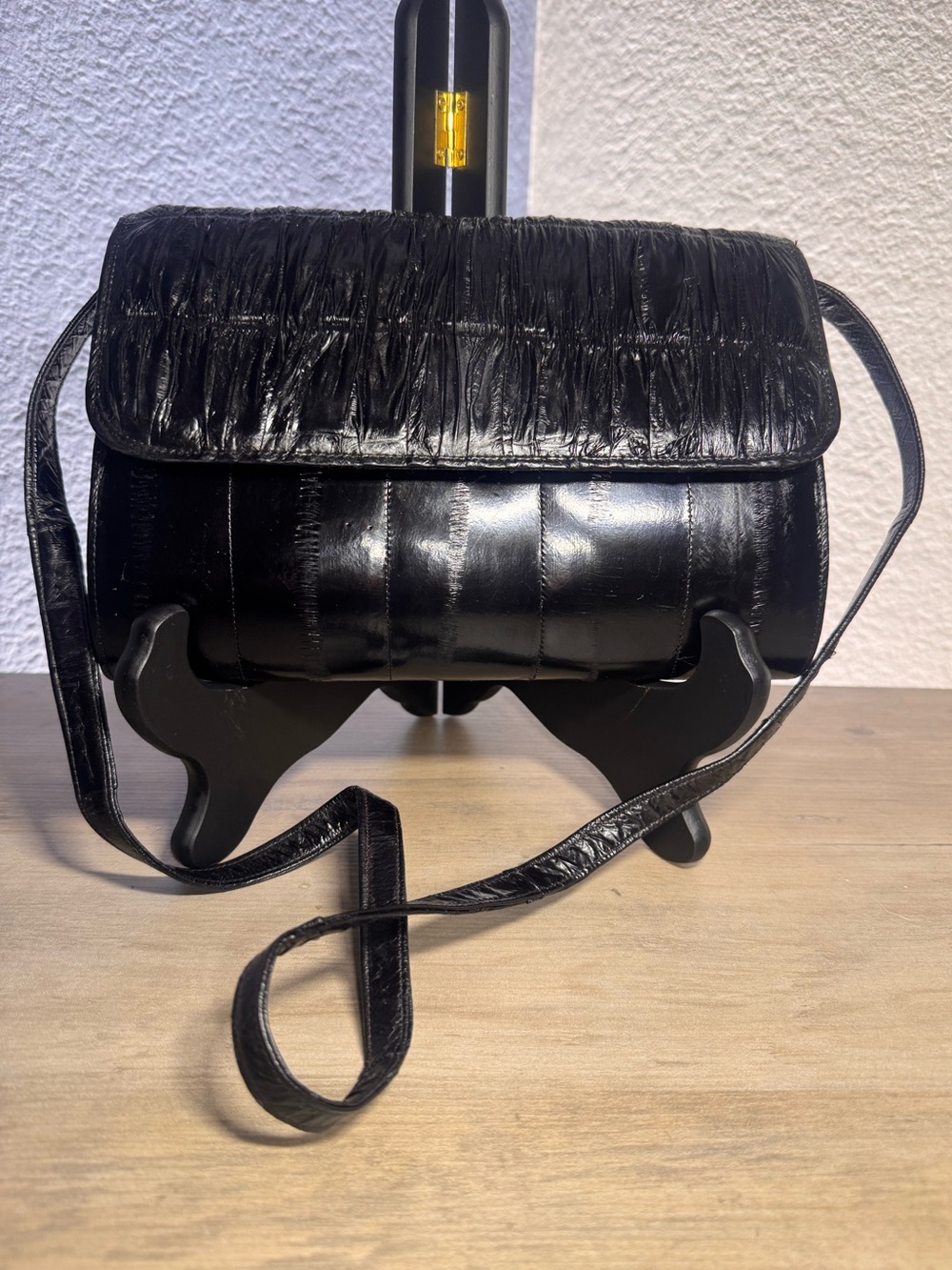 Vintage Black Eel Skin Crossbody Purse Made in Korea Genuine Eelskin